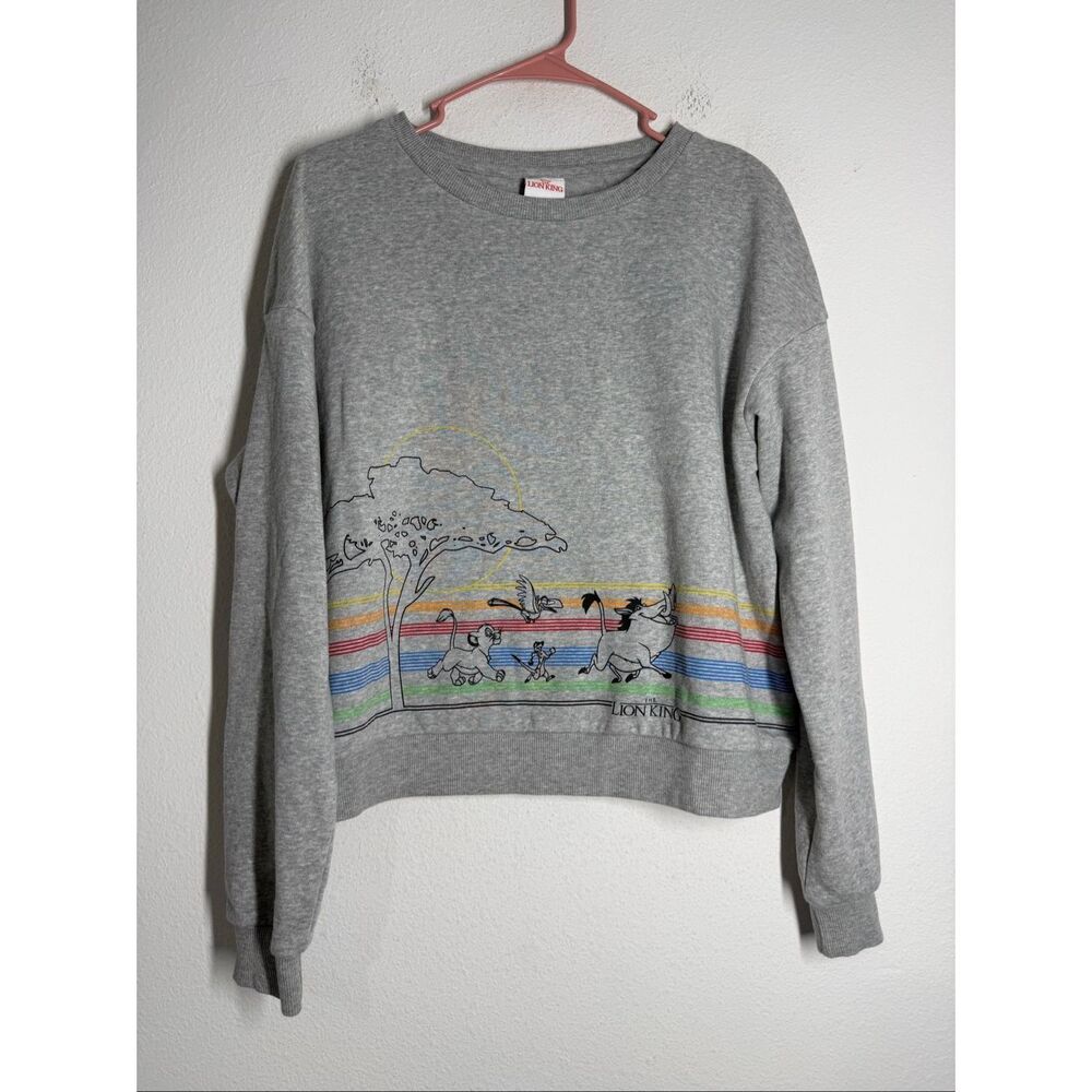 Disney The Lion King Graphic Sweatshirt XL Gray Simba Pumbaa Timon Crewneck Crop